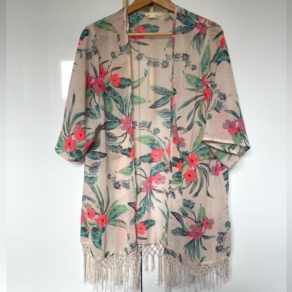 Accessorize Floral Fringe Kimono swimsuit coverup small